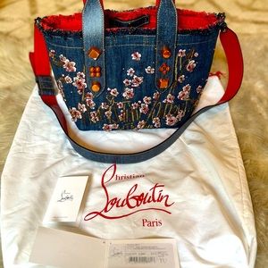 Christian Louboutin Rare Denim Frangibus Medium Embroidered Studded Tote